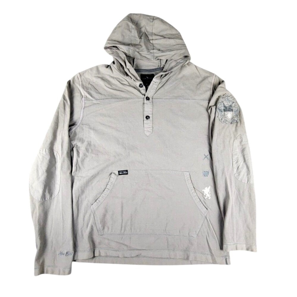 Marc Ecko Hoodie Sweatshirt Mens L Beige Henley Cotton Embroidered Logo Pockets
